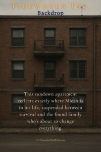 A gritty apartment building. This is an image to introduce Micah Rowe's  home in the Tidewoven series on Pinterest.