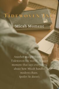 A man on his computer, representing a Tidewoven character post titled ‘Micah Rowe vs Pinterest.’