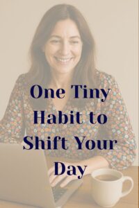 A smiling woman at her computer promoting a Spark Lifestyle pin about one tiny morning habit to shift your day.