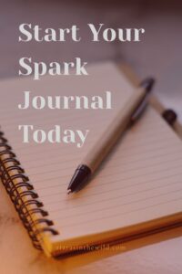 An open journal and pen promoting a Spark Journal practice from Tiaras In The Wild.