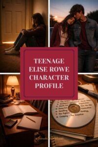 A mood board for the character Teenage Elise Rowe with images of a CD, an algebra notebook and a girl and her boyfriend.