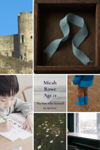  A mood board for the character Micah Rowe of the Tidewoven books, including images of a ribbon, a castle and wild flowers.