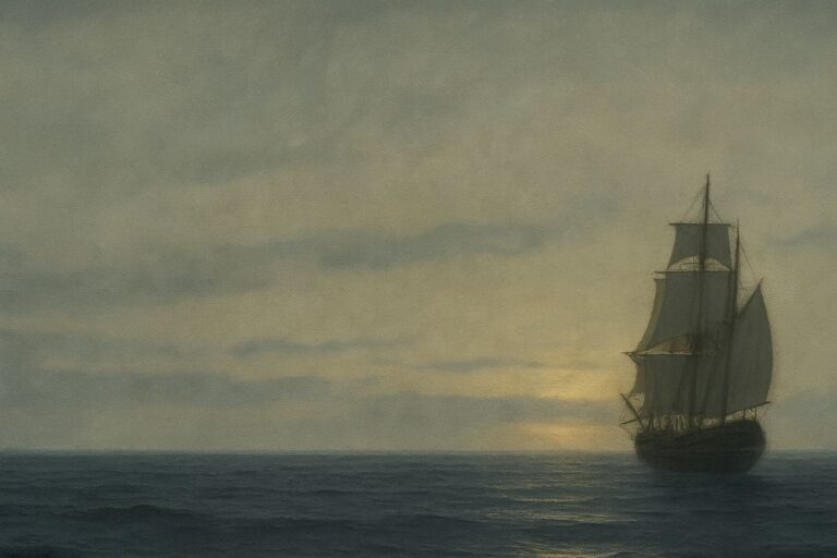 a soft painting of a pirate ship on the ocean